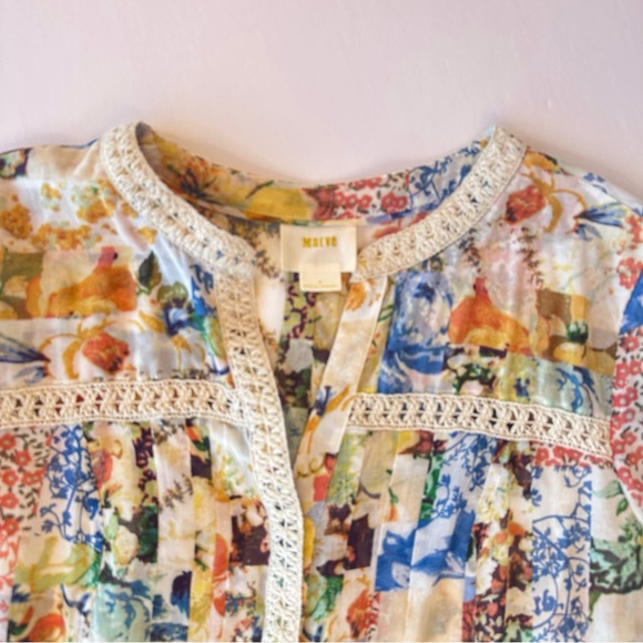Anthropologie Maeve Abella Floral Patchwork Pintuck Blouse Crochet Trim Size 8 - Picture 4 of 16
